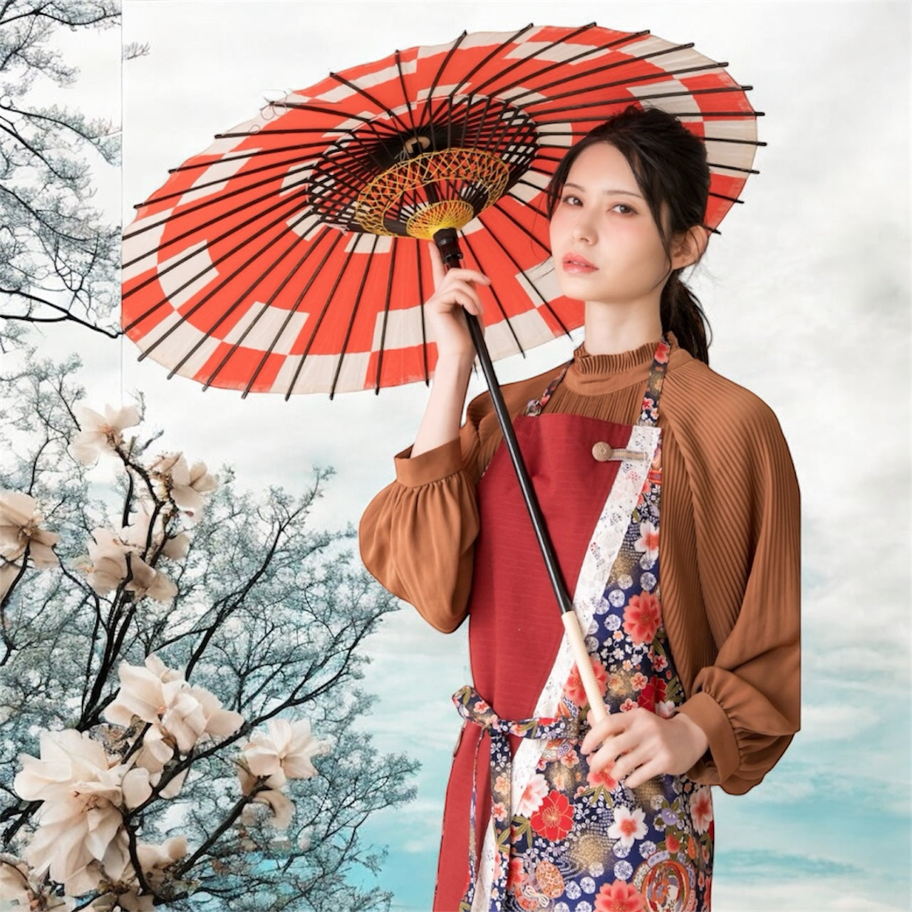 #814/ 発送7日以内 4way◆和モダンピアス 赤い花 金彩 くるみボタン ビジューチャーム 金属アレルギー対応パーツ 和柄 和風 着物 和装 Kimono Japan