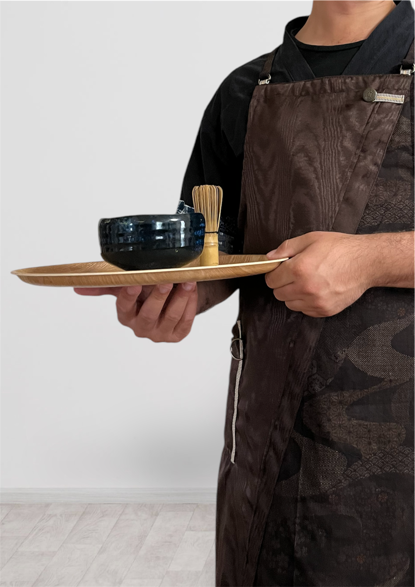UNWR6015/ 【一点物】茶色 木目調文様 ぬれんがね 和モダン 表地で吸水、裏地で水から守るエプロン NURENGANE WAmodern