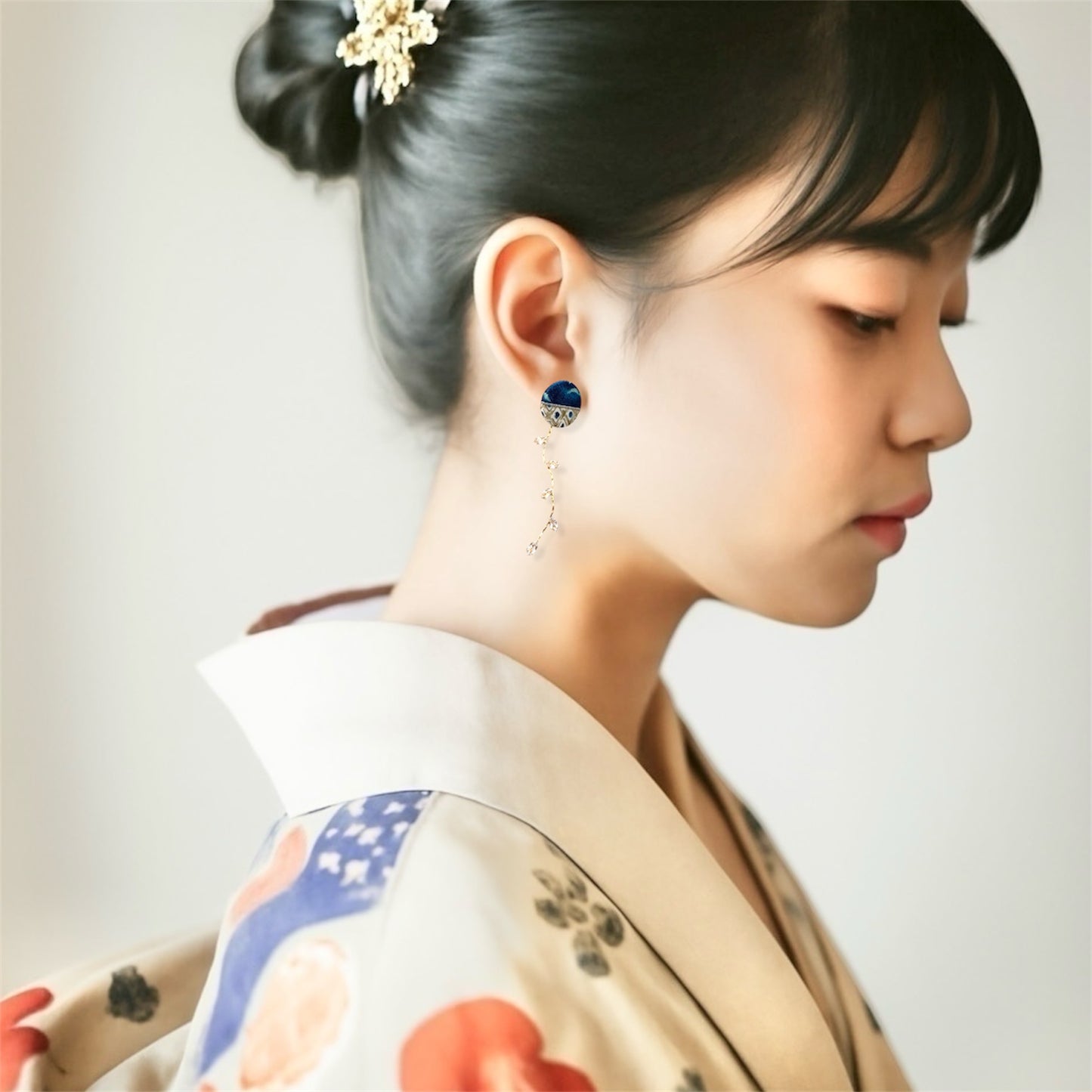 #819/ 発送7日以内 4way◆和モダンピアス 濃青 くるみボタン ビジューチャーム 金属アレルギー対応パーツ フープ 和柄 和風 着物 和装 Kimono Japan