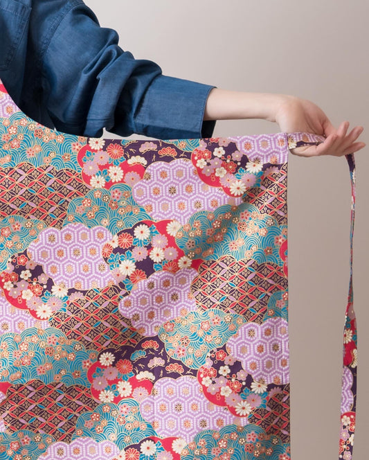 m様専用セミオーダー【桃源 -Togen- 】2/11迄先行受付 7日以内発送 送料無料 丙午開運和モダンエプロンぬれんがね 桃×紫の彩雲 吉祥柄 紬クロス 綿素材プリント カフェ レストラン ユニフォーム 旅館 和風 NURENGANE Japanese modern ,KIMONO pattern apron