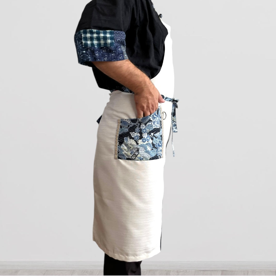 [エプロン] [紬] 和風織り ハンドメイド 古布 生成色と宝文様 ぬれんがね 和モダンエプロン 紬クロス 綿素材プリント