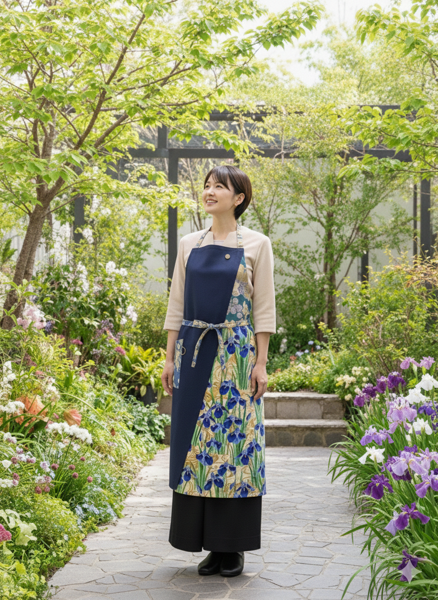 #201/発送21日以内　紺色とかきつばた文様 ぬれんがね 和モダンエプロン 紬クロス 綿素材プリント カフェ　レストラン　ユニフォーム　旅館　和風