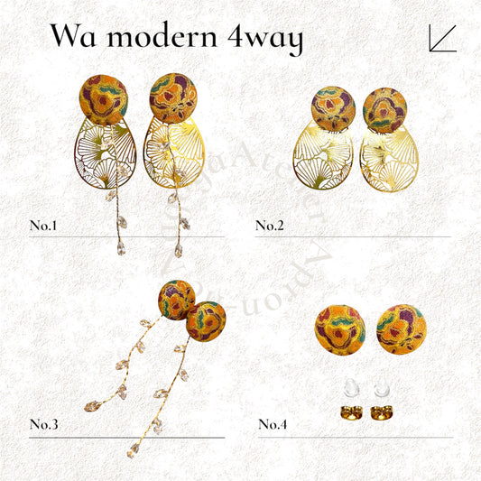 #818/  発送7日以内 4way◆和モダンピアス　黄・紫　金彩　くるみボタン　ビジューチャーム　金属アレルギー対応　フープ　和柄　和風　着物　和装　Kimono Japan