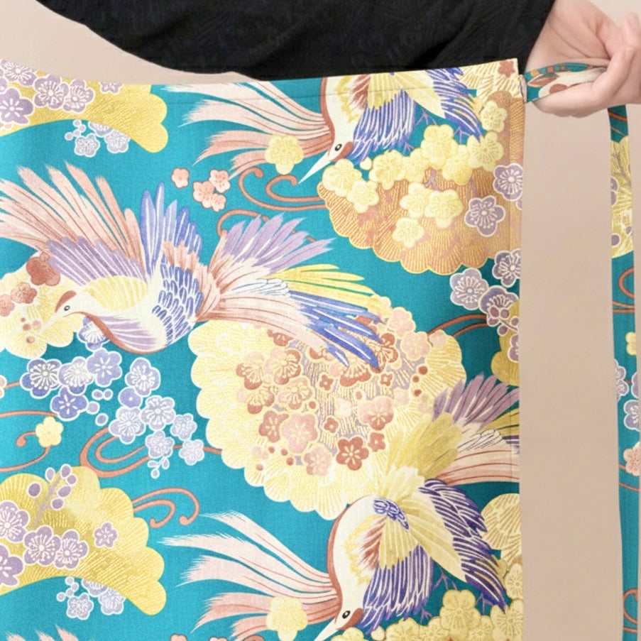 #110【鳳 -Otori-】発送3日以内発送　送料無料　丙午開運和モダンエプロンぬれんがね   鳳凰と松の吉祥柄 紬クロス 綿素材プリント　カフェ　レストラン　ユニフォーム　旅館　和風 NURENGANE Japanese modern ,KIMONO pattern apron