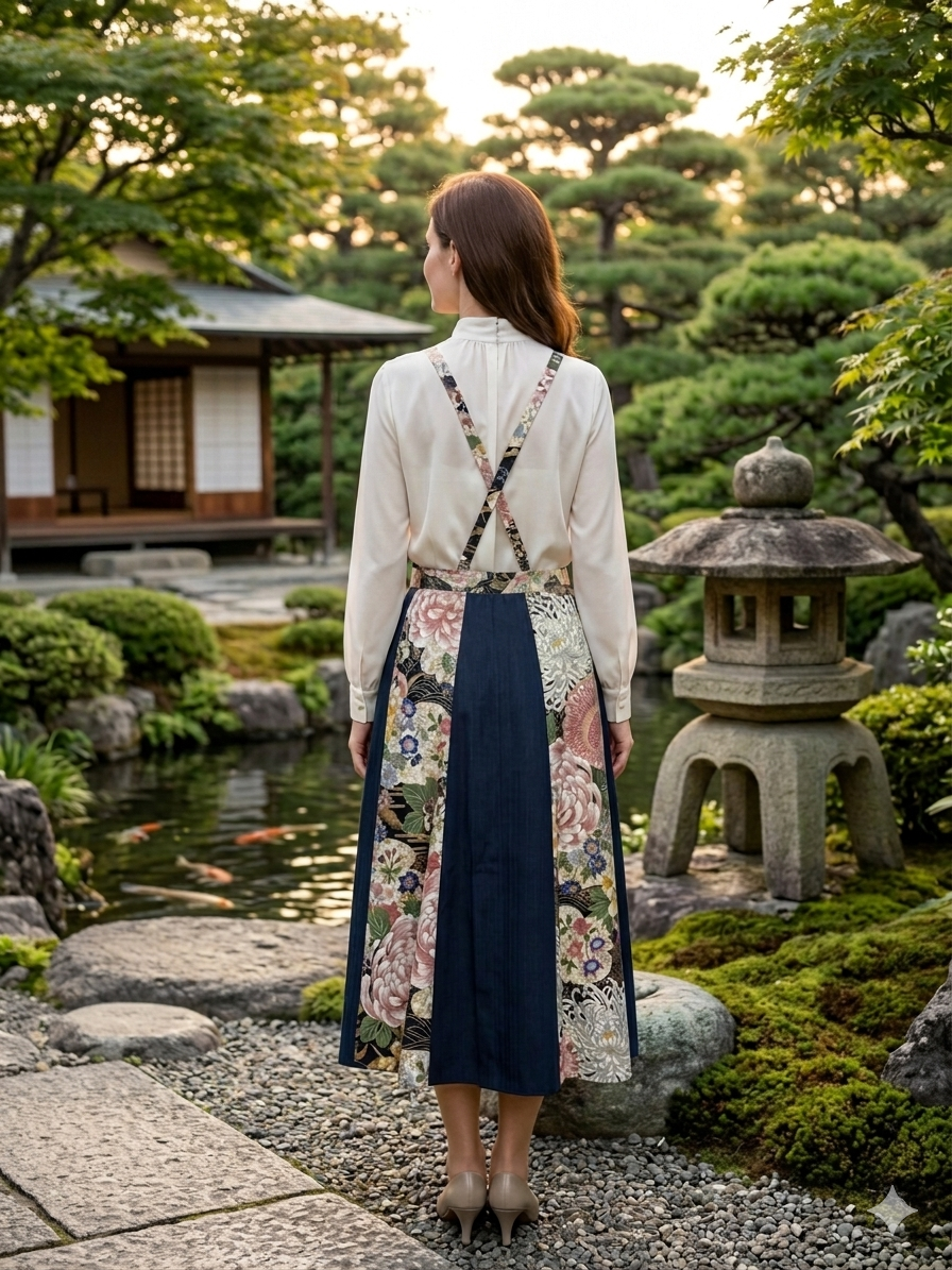 和モダンドレスエプロン　紺色×大輪菊紋様
「NURENGANE（ぬれんがね）」— Japanese modern dress apron—