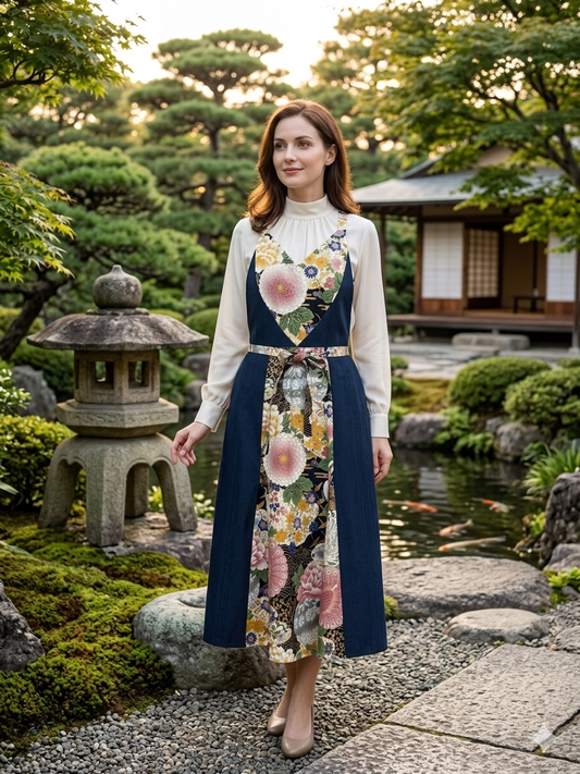 和モダンドレスエプロン 紺色×大輪菊紋様
「NURENGANE(ぬれんがね)」— Japanese modern dress apron—
