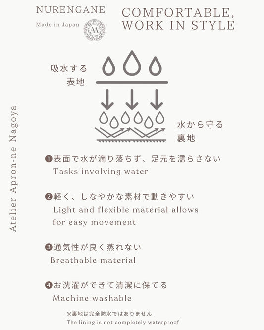 #016発送14日以内 スモークブルー/ ぬれんがね ベーシック 表地で吸水、裏地で水から守るエプロン 手もみ風コットン布地 NURENGANE BASIC
