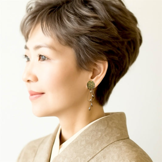 #816/  発送7日以内 4way◆和モダンピアス　麻の葉　深緑　金彩　くるみボタン　ビジューチャーム　金属アレルギー対応　フープ　和柄　和風　Kimono Japan