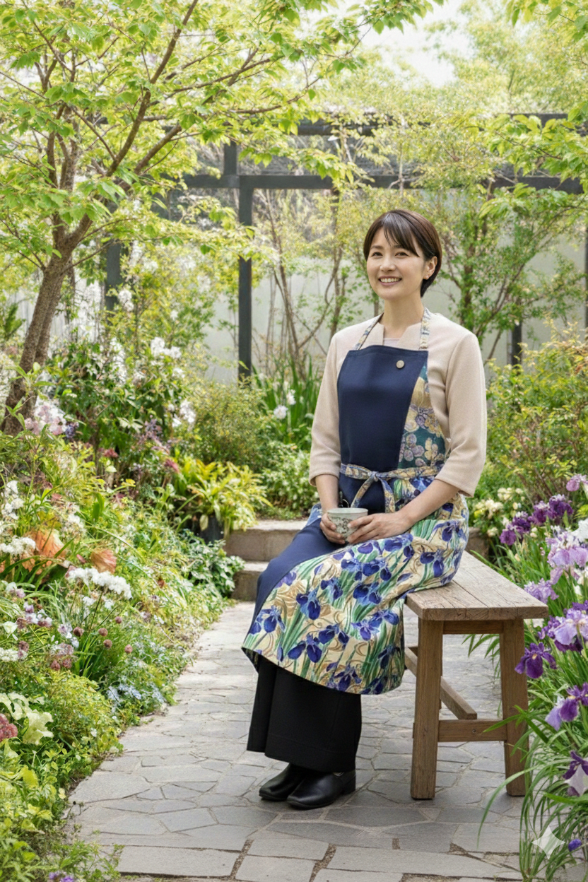 #201/発送21日以内　紺色とかきつばた文様 ぬれんがね 和モダンエプロン 紬クロス 綿素材プリント カフェ　レストラン　ユニフォーム　旅館　和風