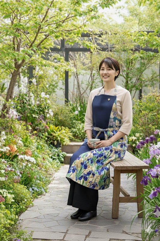 #201/発送21日以内　紺色とかきつばた文様 ぬれんがね 和モダンエプロン 紬クロス 綿素材プリント カフェ　レストラン　ユニフォーム　旅館　和風