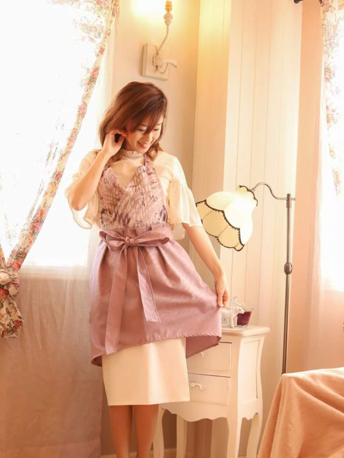 #801 在庫限り　ピンク/ リボンエプロンワンピース