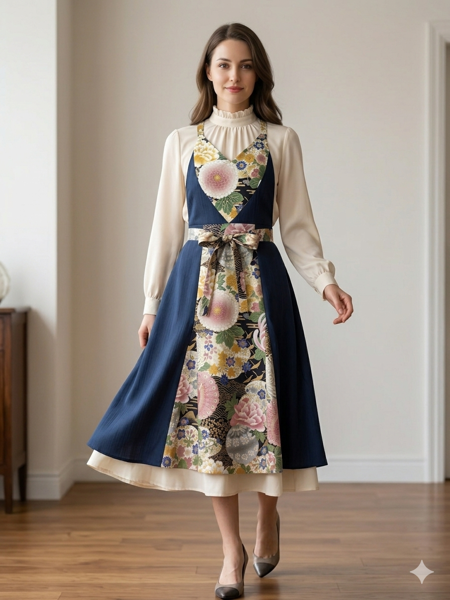 和モダンドレスエプロン　紺色×大輪菊紋様
「NURENGANE（ぬれんがね）」— Japanese modern dress apron—
