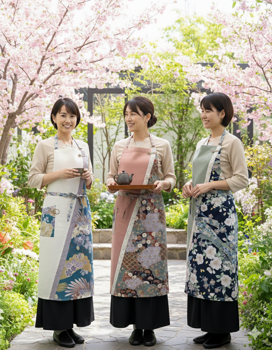 #108【桃源 -Togen- 】発送3日以内発送　送料無料　丙午開運和モダンエプロンぬれんがね   桃×紫の彩雲 吉祥柄 紬クロス 綿素材プリント　カフェ　レストラン　ユニフォーム　旅館　和風 NURENGANE Japanese modern ,KIMONO pattern apron