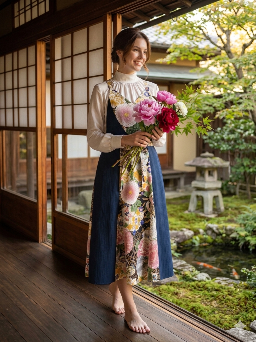 和モダンドレスエプロン　紺色×大輪菊紋様
「NURENGANE（ぬれんがね）」— Japanese modern dress apron—