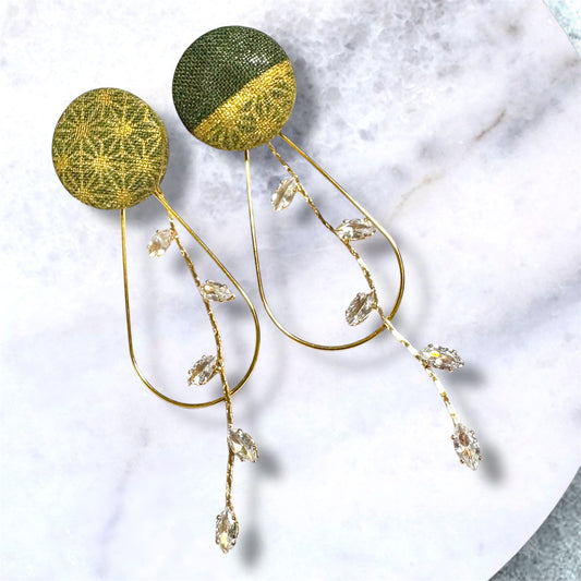 #816/ 発送3日以内 4way◆和モダンピアス 麻の葉 深緑 金彩 くるみボタン ビジューチャーム 金属アレルギー対応 フープ 和柄 和風 Kimono Japan