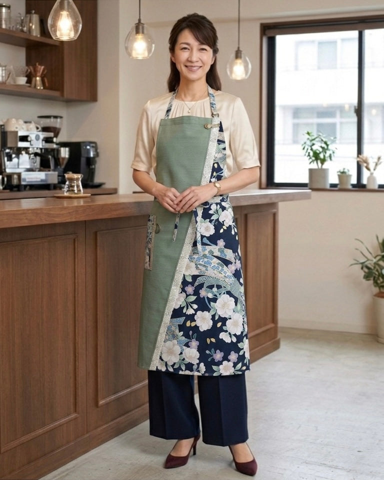 #109【若葉 -Wakaba-】発送3日以内発送　送料無料　丙午開運和モダンエプロンぬれんがね   桜と束熨斗の吉祥柄 紬クロス 綿素材プリント　カフェ　レストラン　ユニフォーム　旅館　和風 NURENGANE Japanese modern ,KIMONO pattern apron