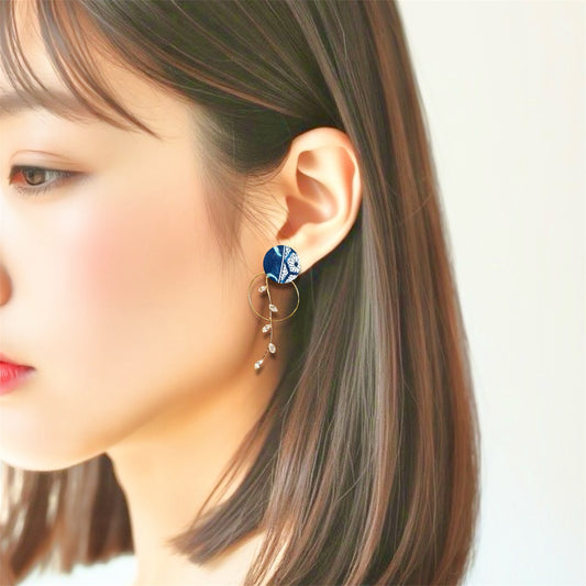 #819/  発送7日以内 4way◆和モダンピアス　濃青　くるみボタン　ビジューチャーム　金属アレルギー対応パーツ　フープ　和柄　和風　着物　和装　Kimono Japan