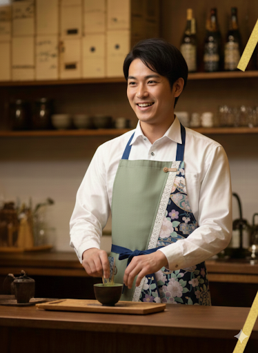 #109【若葉 -Wakaba-】翌日発送　送料無料　和モダンエプロンぬれんがね   丙午開運　桜と束熨斗の吉祥柄 紬クロス 綿素材プリント　カフェ　レストラン　ユニフォーム　旅館　和風 NURENGANE Japanese modern ,KIMONO pattern apron