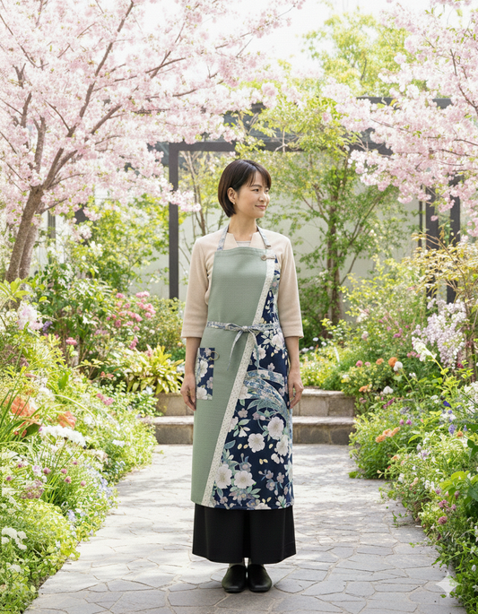 #109【若葉 -Wakaba-】発送3日以内発送　送料無料　和モダンエプロンぬれんがね   丙午開運　桜と束熨斗の吉祥柄 紬クロス 綿素材プリント　カフェ　レストラン　ユニフォーム　旅館　和風 NURENGANE Japanese modern ,KIMONO pattern apron