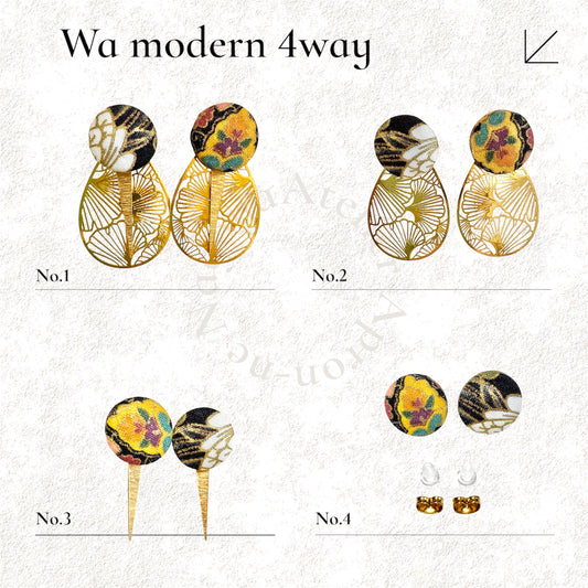 #815/  発送7日以内　4way◆和モダンピアス　花と羽　金彩　くるみボタン　三角チャーム　金属アレルギー対応　和柄　和風　着物　和装　和装　Kimono Japan