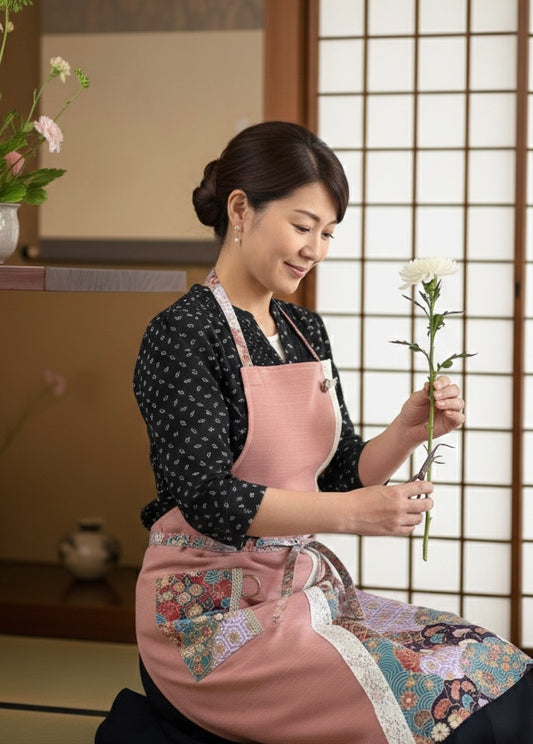 【桃源 -Togen- 】7日以内発送 丙午開運和モダンエプロンぬれんがね 桃×紫の彩雲 吉祥柄 紬クロス 綿素材プリント カフェ レストラン ユニフォーム 旅館 和風 NURENGANE Japanese modern ,KIMONO pattern apron