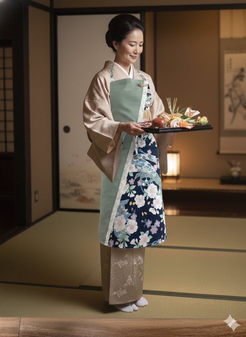 【若葉 -Wakaba-】丙午開運和モダンエプロンぬれんがね   桜と束熨斗の吉祥柄 紬クロス 綿素材プリント　カフェ　レストラン　ユニフォーム　旅館　和風 NURENGANE Japanese modern ,KIMONO pattern apron