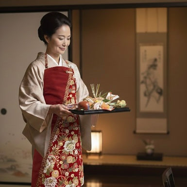 【茜 -Akane- 】7日以内発送 丙午開運和モダンエプロンぬれんがね 牡丹と菊の吉祥柄 紬クロス 綿素材プリント カフェ レストラン ユニフォーム 旅館 和風 NURENGANE Japanese modern ,KIMONO pattern apron