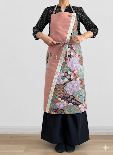 【桃源 -Togen- 】丙午開運和モダンエプロンぬれんがね   桃×紫の彩雲 吉祥柄 紬クロス 綿素材プリント　カフェ　レストラン　ユニフォーム　旅館　和風 NURENGANE Japanese modern ,KIMONO pattern apron