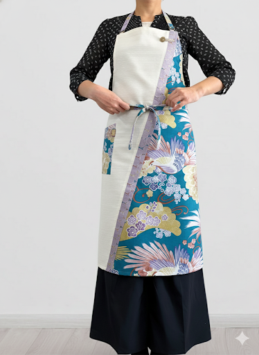 【鳳 -Otori-】丙午開運和モダンエプロンぬれんがね   鳳凰と松の吉祥柄 紬クロス 綿素材プリント　カフェ　レストラン　ユニフォーム　旅館　和風 NURENGANE Japanese modern ,KIMONO pattern apron