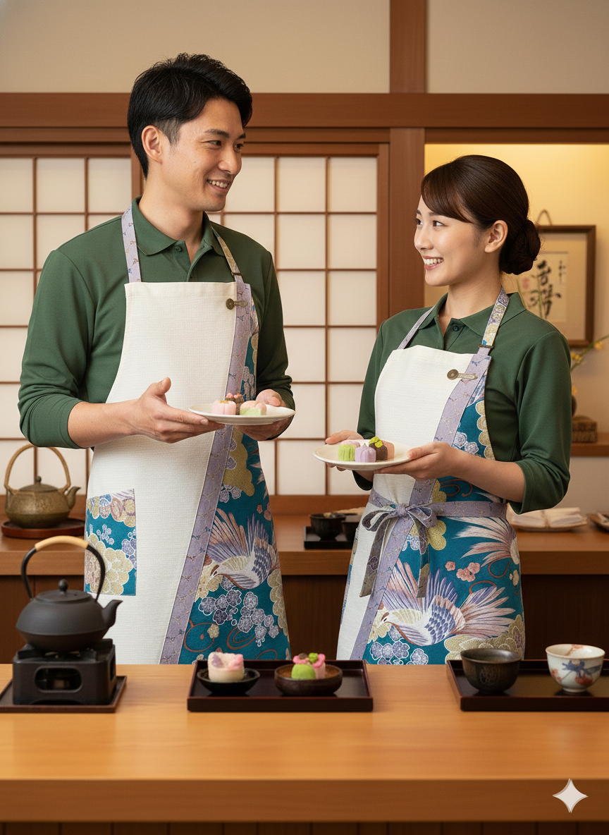 【鳳 -Otori-】丙午開運和モダンエプロンぬれんがね   鳳凰と松の吉祥柄 紬クロス 綿素材プリント　カフェ　レストラン　ユニフォーム　旅館　和風 NURENGANE Japanese modern ,KIMONO pattern apron