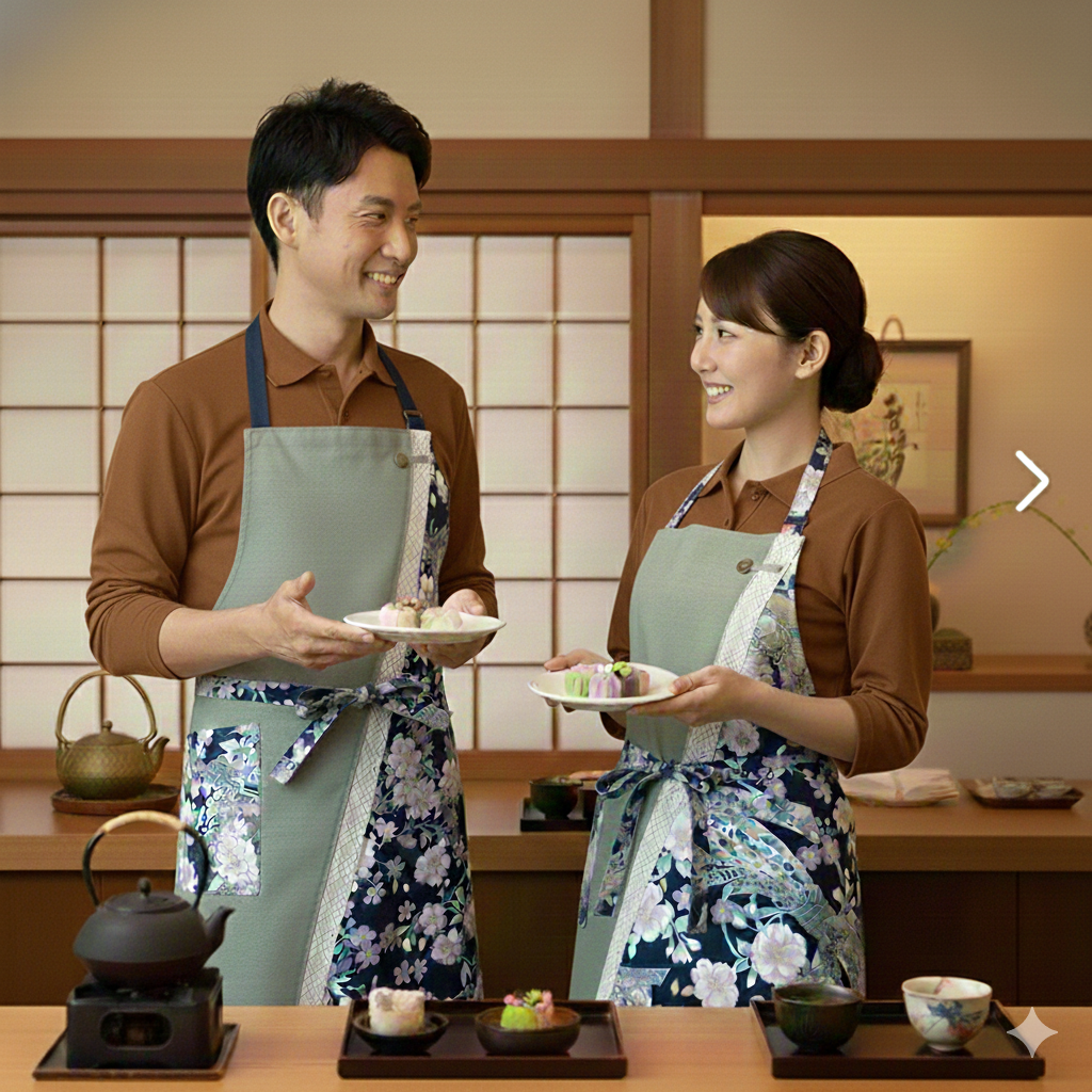 【若葉 -Wakaba-】丙午開運和モダンエプロンぬれんがね   桜と束熨斗の吉祥柄 紬クロス 綿素材プリント　カフェ　レストラン　ユニフォーム　旅館　和風 NURENGANE Japanese modern ,KIMONO pattern apron