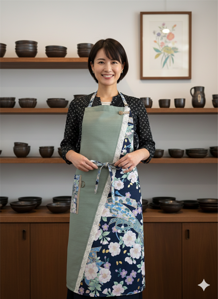 【若葉 -Wakaba-】丙午開運和モダンエプロンぬれんがね   桜と束熨斗の吉祥柄 紬クロス 綿素材プリント　カフェ　レストラン　ユニフォーム　旅館　和風 NURENGANE Japanese modern ,KIMONO pattern apron