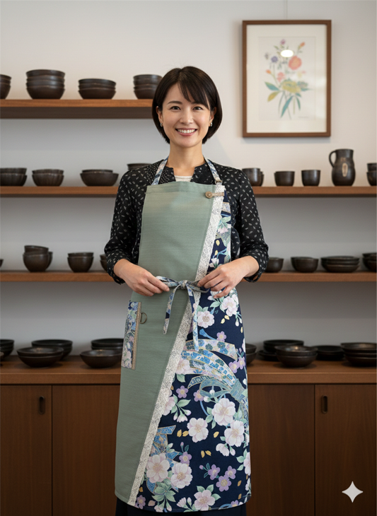 【若葉 -Wakaba-】7日以内発送 丙午開運和モダンエプロンぬれんがね 桜と束熨斗の吉祥柄 紬クロス 綿素材プリント カフェ レストラン ユニフォーム 旅館 和風 NURENGANE Japanese modern ,KIMONO pattern apron