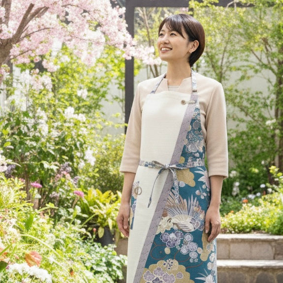 #110【鳳 -Otori-】発送3日以内発送　送料無料　丙午開運和モダンエプロンぬれんがね   鳳凰と松の吉祥柄 紬クロス 綿素材プリント　カフェ　レストラン　ユニフォーム　旅館　和風 NURENGANE Japanese modern ,KIMONO pattern apron