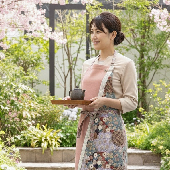 #108【桃源 -Togen- 】発送3日以内発送　送料無料　丙午開運和モダンエプロンぬれんがね   桃×紫の彩雲 吉祥柄 紬クロス 綿素材プリント　カフェ　レストラン　ユニフォーム　旅館　和風 NURENGANE Japanese modern ,KIMONO pattern apron