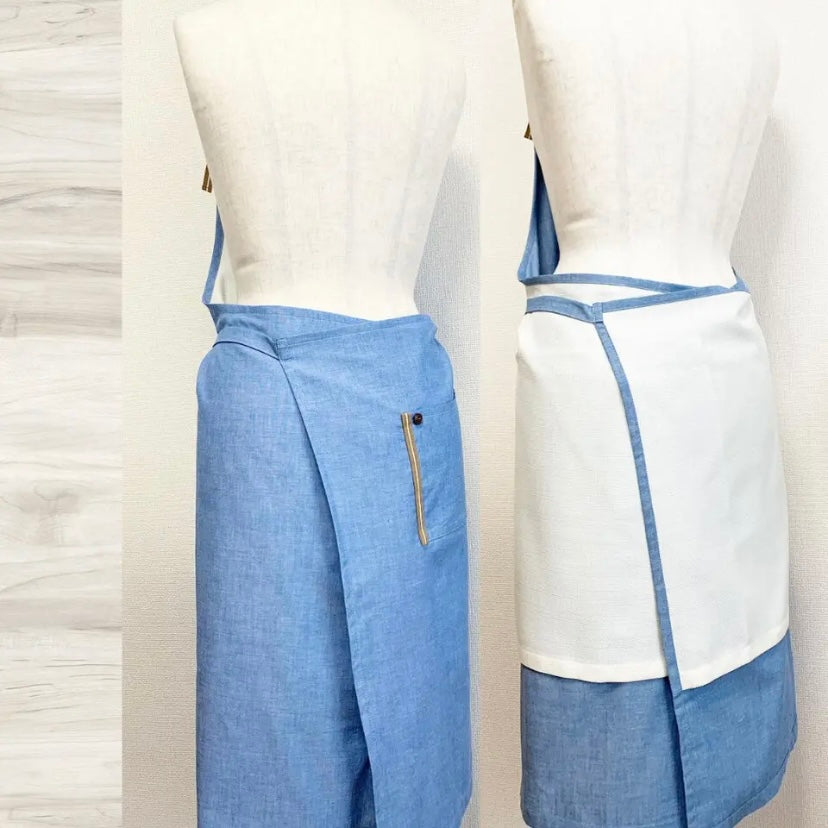 #402 在庫限り　サックスブルー　ぬれんがねエプロン 抗ウィルス対策　Tio Tio 綿素材